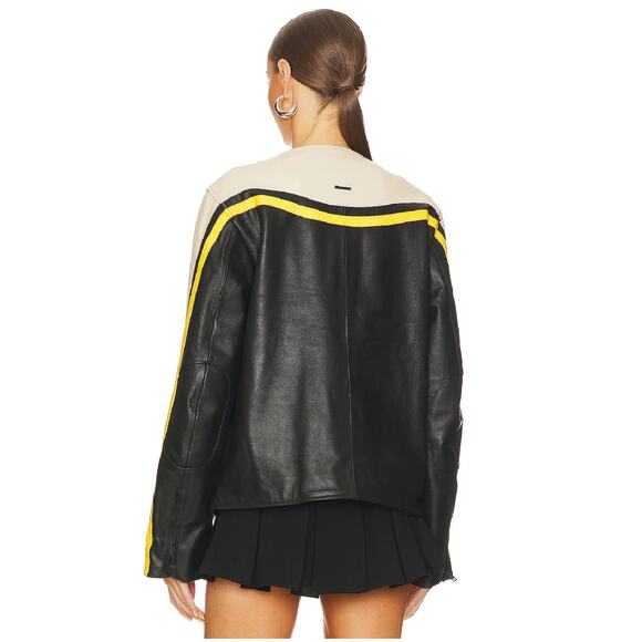 Deadwood Revolve Women Racer Leather Jacket Moto Biker Bright Black White Yellow - Picture 3 of 8